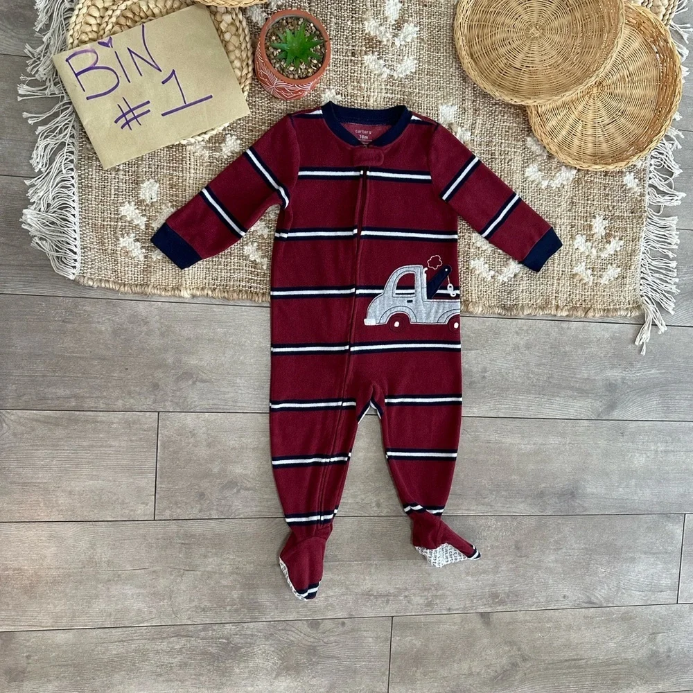 Carter's Toddler Boy Zip Footie Pajamas Sleeper Striped Fleece Tow Truck 18 M